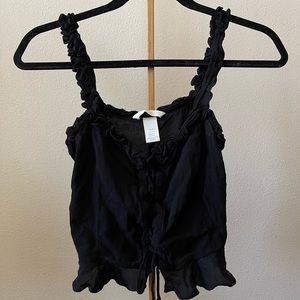 Cropped Lace Up Tank Top with Ruffle Trim